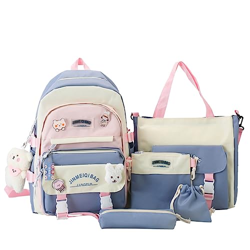 MIFJNF 5Pcs Kawaii Backpack Cute Backpack for School Aesthetic Backpack Kawaii School Supplies Backpack Set with Accessories (Blue)