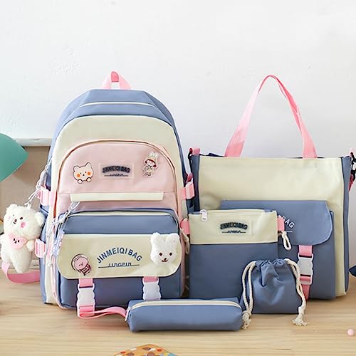 MIFJNF 5Pcs Kawaii Backpack Cute Backpack for School Aesthetic Backpack Kawaii School Supplies Backpack Set with Accessories (Blue)