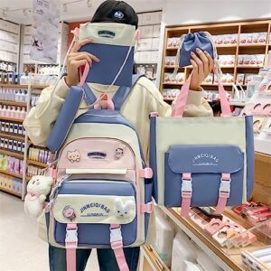 MIFJNF 5Pcs Kawaii Backpack Cute Backpack for School Aesthetic Backpack Kawaii School Supplies Backpack Set with Accessories (Blue)