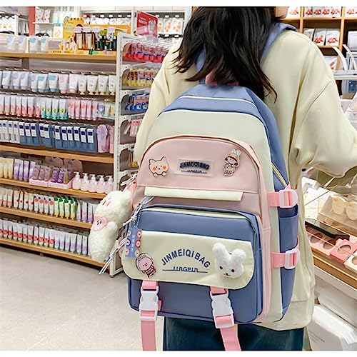 MIFJNF 5Pcs Kawaii Backpack Cute Backpack for School Aesthetic Backpack Kawaii School Supplies Backpack Set with Accessories (Blue)