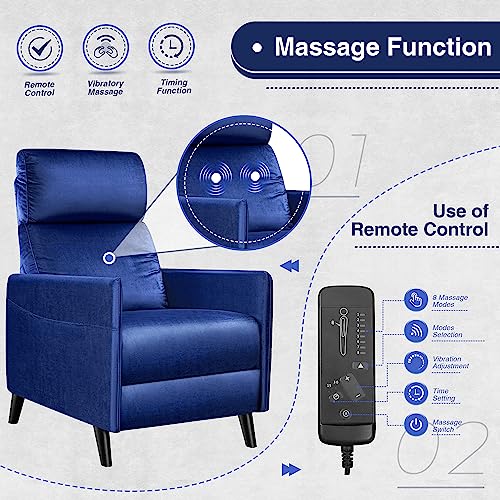 YESHOMY Massage Chair for Living Room Velvet Home Theater Single Sofa with Adjustable Reclining, Lazyboy Padded Seat Backrest for Adults, Blue