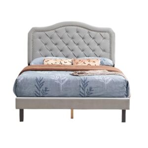 hausheck upholstered platform bed queen size, queen bed frame with button tufted nailhead trim headboard, wood bed frames for kids, teen & adults, wooden slats support, no box spring needed