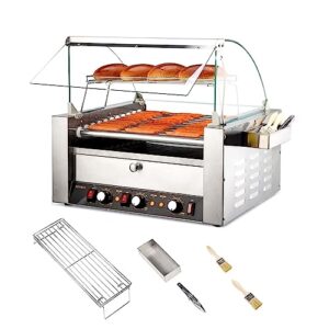 rovsun hot dog roller warmer 2000w, 11 rollers 30 hot dog roller grill cooker machine w/bun warmer, cover, dual temp control, led light, removable shelf & drip tray for party home commercial