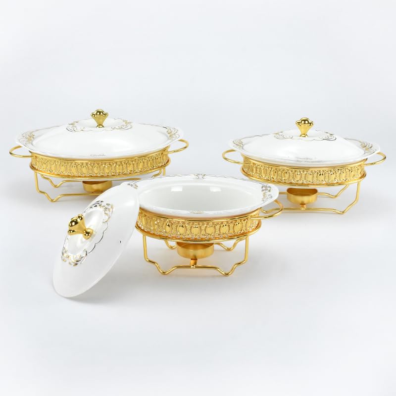 HONHPD 3 Piece Set Ceramics Oval Chafing Dish 1.0/1.5/2.0L Luxury an Crown Gold Food Warmer Set for Buffet Weddings, Parties, Banquets, Catering Events, Golden