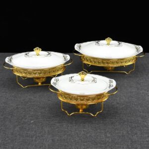 HONHPD 3 Piece Set Ceramics Oval Chafing Dish 1.0/1.5/2.0L Luxury an Crown Gold Food Warmer Set for Buffet Weddings, Parties, Banquets, Catering Events, Golden