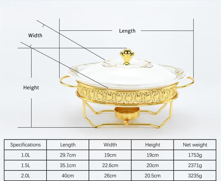 HONHPD 3 Piece Set Ceramics Oval Chafing Dish 1.0/1.5/2.0L Luxury an Crown Gold Food Warmer Set for Buffet Weddings, Parties, Banquets, Catering Events, Golden