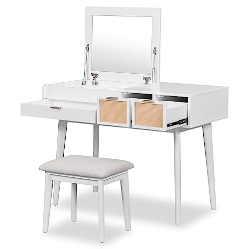 Aiuyesuo 43.3" Farmhouse Makeup Vanity Set with Flip-top Mirror and Stool, Vanity Desk with 3 Drawers and Storage Space, Wood Makeup Table Set with Vanity Stool for Bedroom Studio (White-1)