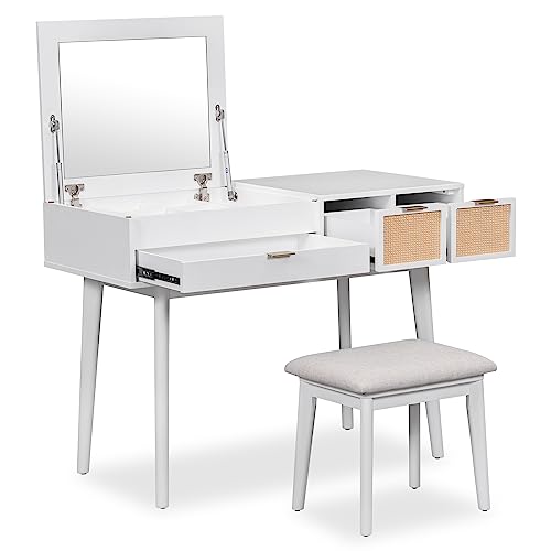 Aiuyesuo 43.3" Farmhouse Makeup Vanity Set with Flip-top Mirror and Stool, Vanity Desk with 3 Drawers and Storage Space, Wood Makeup Table Set with Vanity Stool for Bedroom Studio (White-1)