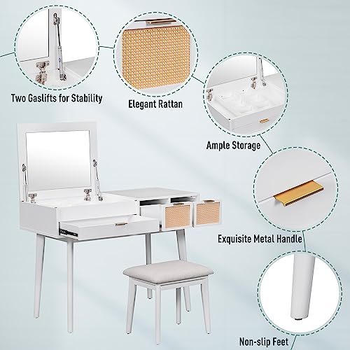 Aiuyesuo 43.3" Farmhouse Makeup Vanity Set with Flip-top Mirror and Stool, Vanity Desk with 3 Drawers and Storage Space, Wood Makeup Table Set with Vanity Stool for Bedroom Studio (White-1)