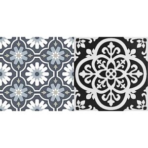 floorpops fp2944 sevilla peel & stick floor tiles, multicolor & fp2475 gothic peel & stick floor tiles, black