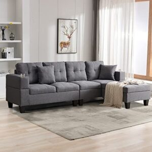 unovivy 99" sectional couches for living room, l shaped removable ottoman and cup holders, convertible sofas for apartment, gray