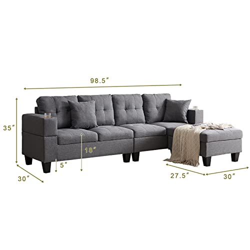 Unovivy 99" Sectional Couches for Living Room, L Shaped Removable Ottoman and Cup Holders, Convertible Sofas for Apartment, Gray