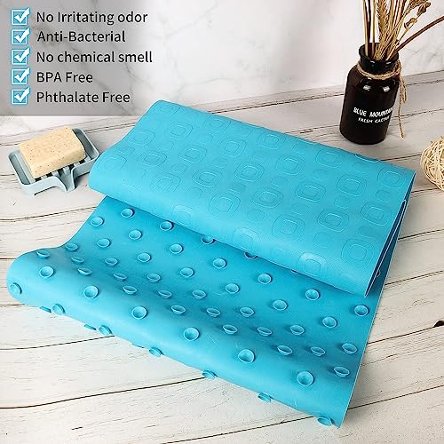 Non-Slip Bathtub Mat,Soft Rubber Anti-Slip Bath Shower Mat with Suction Cups, 37×14 Inch Bath Tub Mats for Bathroom,Machine Washable Shower Mats,Sky-Blue Fast Draining, Dots Design