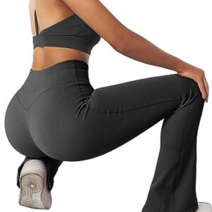 SUUKSESS Women Ribbed Seamless Tummy Control Flare Leggings Bootcut High Waist Workout Yoga Pants 29'' (Black,M)
