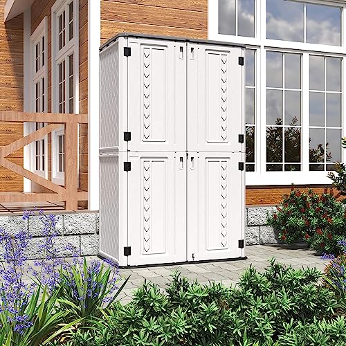 HOMSPARK Outdoor Storage Shed, 53 Cu.ft Outdoor Storage Cabinet with Lockable Doors, Double Layer Resin Vertical Storage shed for Garden, Patio, Backyard, 4×2.5×6.6 FT