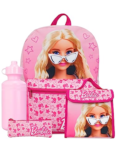 Barbie Backpack 4 Piece Set | Girls School Bag Set | Girls Backpack, Lunch Bag, Water Bottle and Pencil Case Set | Childrens Backpack | Pink