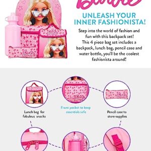 Barbie Backpack 4 Piece Set | Girls School Bag Set | Girls Backpack, Lunch Bag, Water Bottle and Pencil Case Set | Childrens Backpack | Pink