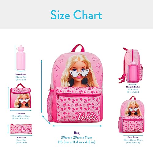 Barbie Backpack 4 Piece Set | Girls School Bag Set | Girls Backpack, Lunch Bag, Water Bottle and Pencil Case Set | Childrens Backpack | Pink