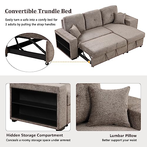 Reversible Sleeper Sectional Sofa Bed with Side Shelf and 2 Stools,Pull Out Couch Bed with Left/Right Hande, L-Shaped 3-Seater Couch for Living Room Apartment（Knox Charcoal）