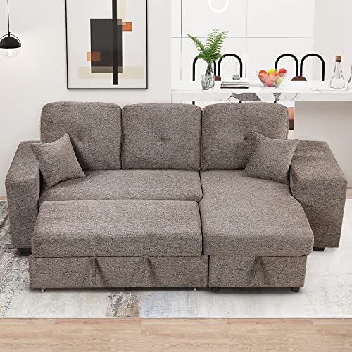 Reversible Sleeper Sectional Sofa Bed with Side Shelf and 2 Stools,Pull Out Couch Bed with Left/Right Hande, L-Shaped 3-Seater Couch for Living Room Apartment（Knox Charcoal）