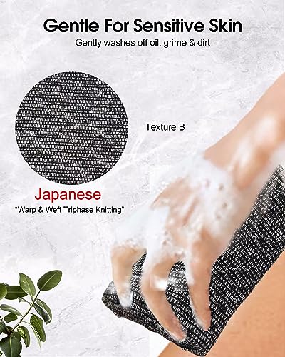 Bathflor Exfoliating Shower Towel with Clip Strap, Exfoliating Washcloth with 2 Sides for Washing & Scrubbing, Premium Japanese Scrub Wash Cloth, Quick Drying, 40inch Length (1 Pack-B)