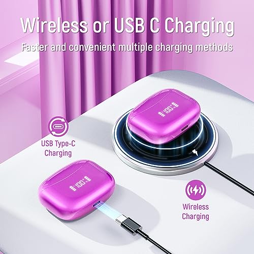 Bluetooth Headphones Wireless Earbuds 60H Playtime Ear Buds with LED Power Display Charging Case Earphones in-Ear Earbud with Microphone for Android Cell Phone Gaming Computer Laptop Sport Rose Purple