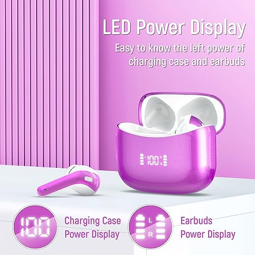 Bluetooth Headphones Wireless Earbuds 60H Playtime Ear Buds with LED Power Display Charging Case Earphones in-Ear Earbud with Microphone for Android Cell Phone Gaming Computer Laptop Sport Rose Purple