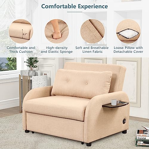 ERYE 3-in-1 Upholstered SofaChair Convertible Single Sleeper Couch Bed, Modern Pull Out Lounger Armchair W/Adjustable Backrest for Home Office Apartment Furniture
