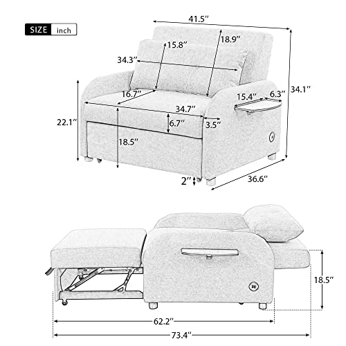 ERYE 3-in-1 Upholstered SofaChair Convertible Single Sleeper Couch Bed, Modern Pull Out Lounger Armchair W/Adjustable Backrest for Home Office Apartment Furniture