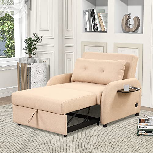 ERYE 3-in-1 Upholstered SofaChair Convertible Single Sleeper Couch Bed, Modern Pull Out Lounger Armchair W/Adjustable Backrest for Home Office Apartment Furniture