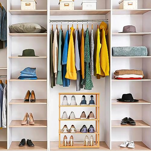 QYESWHSR 5 Tier Shoe Rack for Closet, Narrow Shoe Rack for Entryway, Small Bamboo Shoe Organizer, Space Saving Narrow Shoe Shelf, Stackable Shoe Racks Storage Organizer for Dorm Bedroom, Cloakroom