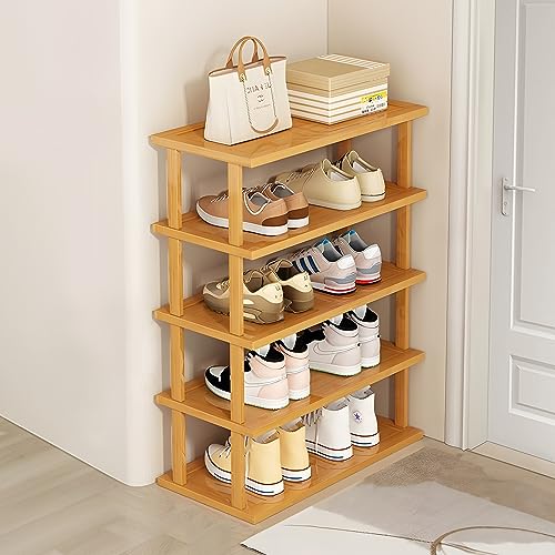 QYESWHSR 5 Tier Shoe Rack for Closet, Narrow Shoe Rack for Entryway, Small Bamboo Shoe Organizer, Space Saving Narrow Shoe Shelf, Stackable Shoe Racks Storage Organizer for Dorm Bedroom, Cloakroom