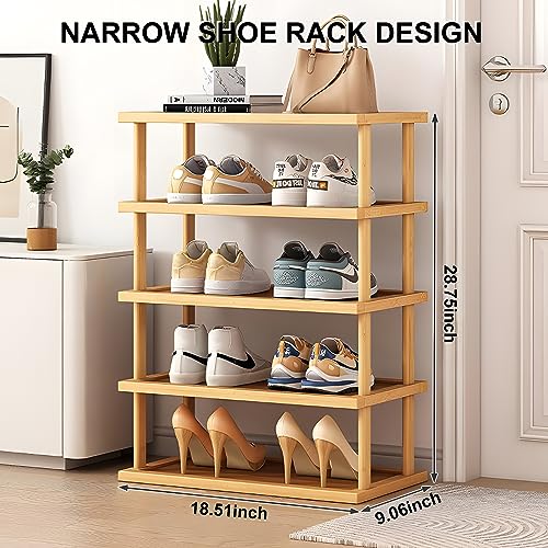 QYESWHSR 5 Tier Shoe Rack for Closet, Narrow Shoe Rack for Entryway, Small Bamboo Shoe Organizer, Space Saving Narrow Shoe Shelf, Stackable Shoe Racks Storage Organizer for Dorm Bedroom, Cloakroom