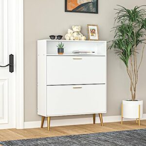 NOVAMAISON Shoe Cabinet for Entryway, Narrow Shoe Storage Cabinet with 2 Flip Doors and Shelf, Freestanding Shoe Organizer for Hallway, Bedroom, Apartment, White