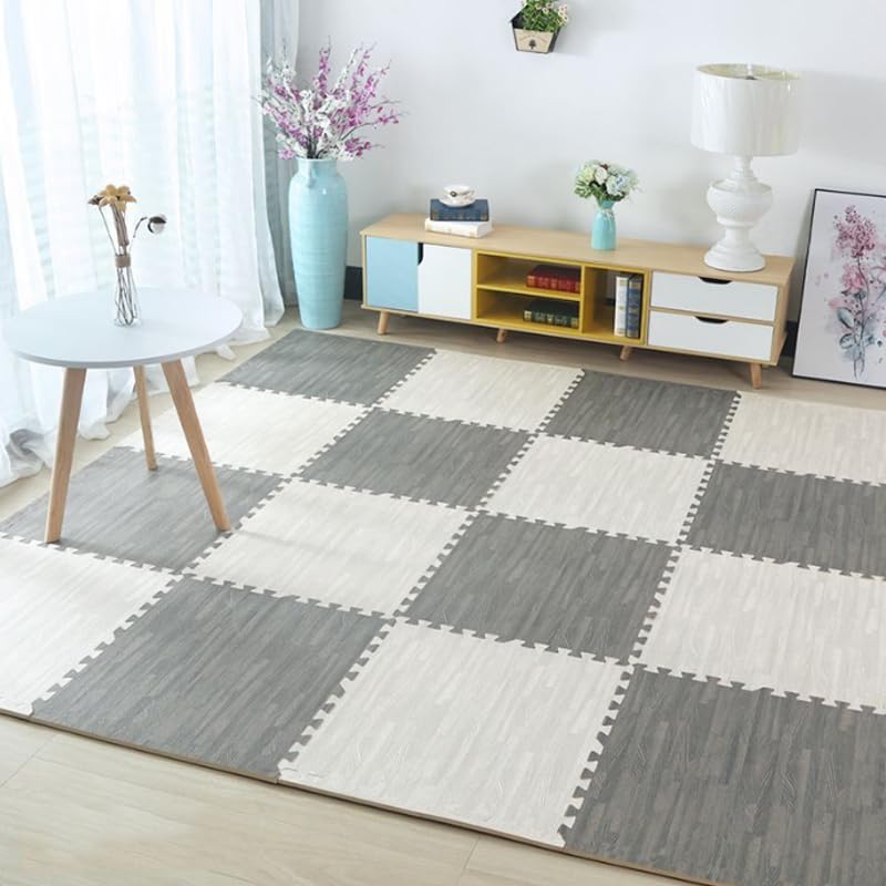 9 Pcs Interlocking Printed Wood Grain Foam Mat, Comfy Foam Carpet Tiles 11.8" x 11.8" Anti-Slip Border for Exercise, Yoga, Playroom, Garage, Room Floor, Puzzle Area, Basement (White)