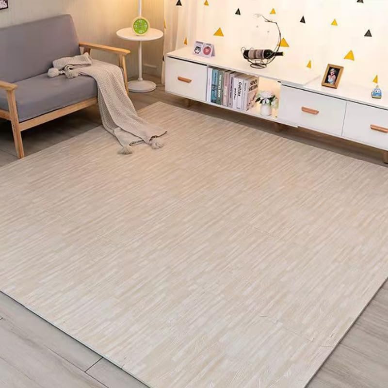 9 Pcs Interlocking Printed Wood Grain Foam Mat, Comfy Foam Carpet Tiles 11.8" x 11.8" Anti-Slip Border for Exercise, Yoga, Playroom, Garage, Room Floor, Puzzle Area, Basement (White)