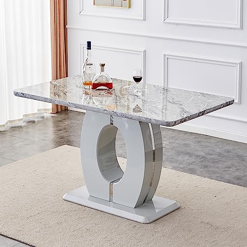 Pvillez 63" Marble Pub Table, Counter Height Pub Dining Table with Faux Marble Top and U-Shape MDF Base, Modern Office Computer Dinner Table for Kitchen Living Dining Room(No Chairs)