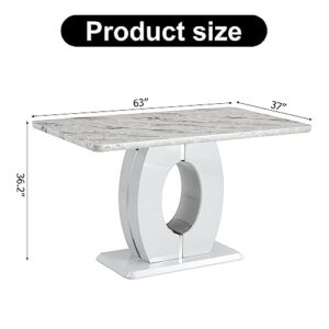 Pvillez 63" Marble Pub Table, Counter Height Pub Dining Table with Faux Marble Top and U-Shape MDF Base, Modern Office Computer Dinner Table for Kitchen Living Dining Room(No Chairs)