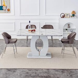 Pvillez 63" Marble Pub Table, Counter Height Pub Dining Table with Faux Marble Top and U-Shape MDF Base, Modern Office Computer Dinner Table for Kitchen Living Dining Room(No Chairs)