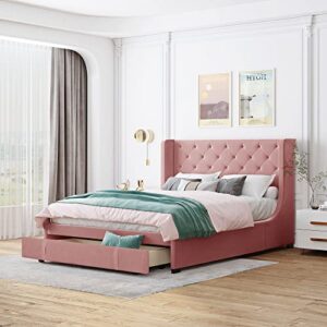 fiqhome queen size storage bed,velvet upholstered platform bed with wingback headboard,solid wood bed frame with a big drawer,for bedroom guestroom,easy assembly,pink