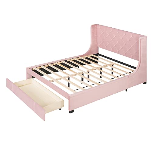 FIQHOME Queen Size Storage Bed,Velvet Upholstered Platform Bed with Wingback Headboard,Solid Wood Bed Frame with a Big Drawer,for Bedroom Guestroom,Easy Assembly,Pink
