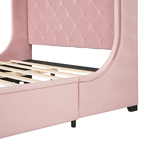 FIQHOME Queen Size Storage Bed,Velvet Upholstered Platform Bed with Wingback Headboard,Solid Wood Bed Frame with a Big Drawer,for Bedroom Guestroom,Easy Assembly,Pink