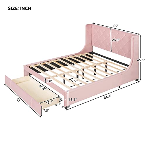 FIQHOME Queen Size Storage Bed,Velvet Upholstered Platform Bed with Wingback Headboard,Solid Wood Bed Frame with a Big Drawer,for Bedroom Guestroom,Easy Assembly,Pink