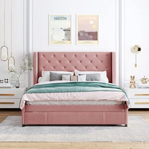 FIQHOME Queen Size Storage Bed,Velvet Upholstered Platform Bed with Wingback Headboard,Solid Wood Bed Frame with a Big Drawer,for Bedroom Guestroom,Easy Assembly,Pink