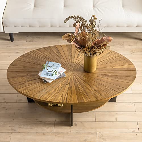 DAKVO Solid Wood Coffee Table for Living Room and Bedroom, Farmhouse Oval Coffee Table with Storage, Oval Round Coffee Tables Living Room