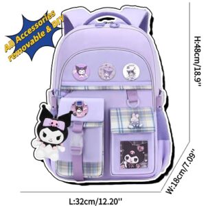 HAPIKI Kawaii Backpack with 18Pcs Accessories Anime Cartoon Bag with Cute Pin Anti Theft Travel Aesthetic Season Gifts Backpack (Purple)