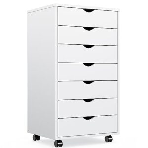 sweetcrispy 7 drawer chest - storage cabinets dressers wood dresser cabinet with wheels mobile organizer drawers for office, bedroom, home, white