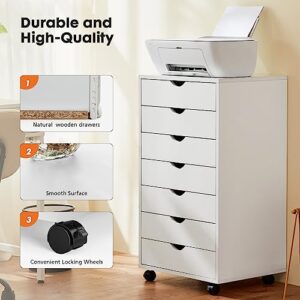 Sweetcrispy 7 Drawer Chest - Storage Cabinets Dressers Wood Dresser Cabinet with Wheels Mobile Organizer Drawers for Office, Bedroom, Home, White