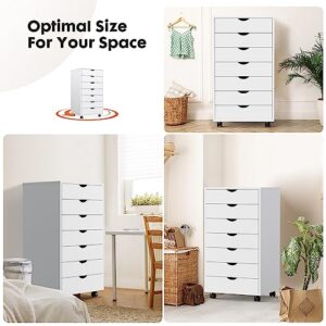 Sweetcrispy 7 Drawer Chest - Storage Cabinets Dressers Wood Dresser Cabinet with Wheels Mobile Organizer Drawers for Office, Bedroom, Home, White