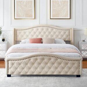 gaomon king size upholstered platform bed frame with tall headboard, luxurious velvet button tufted and nailhead trim wingback, arched footboard, no box spring needed, beige